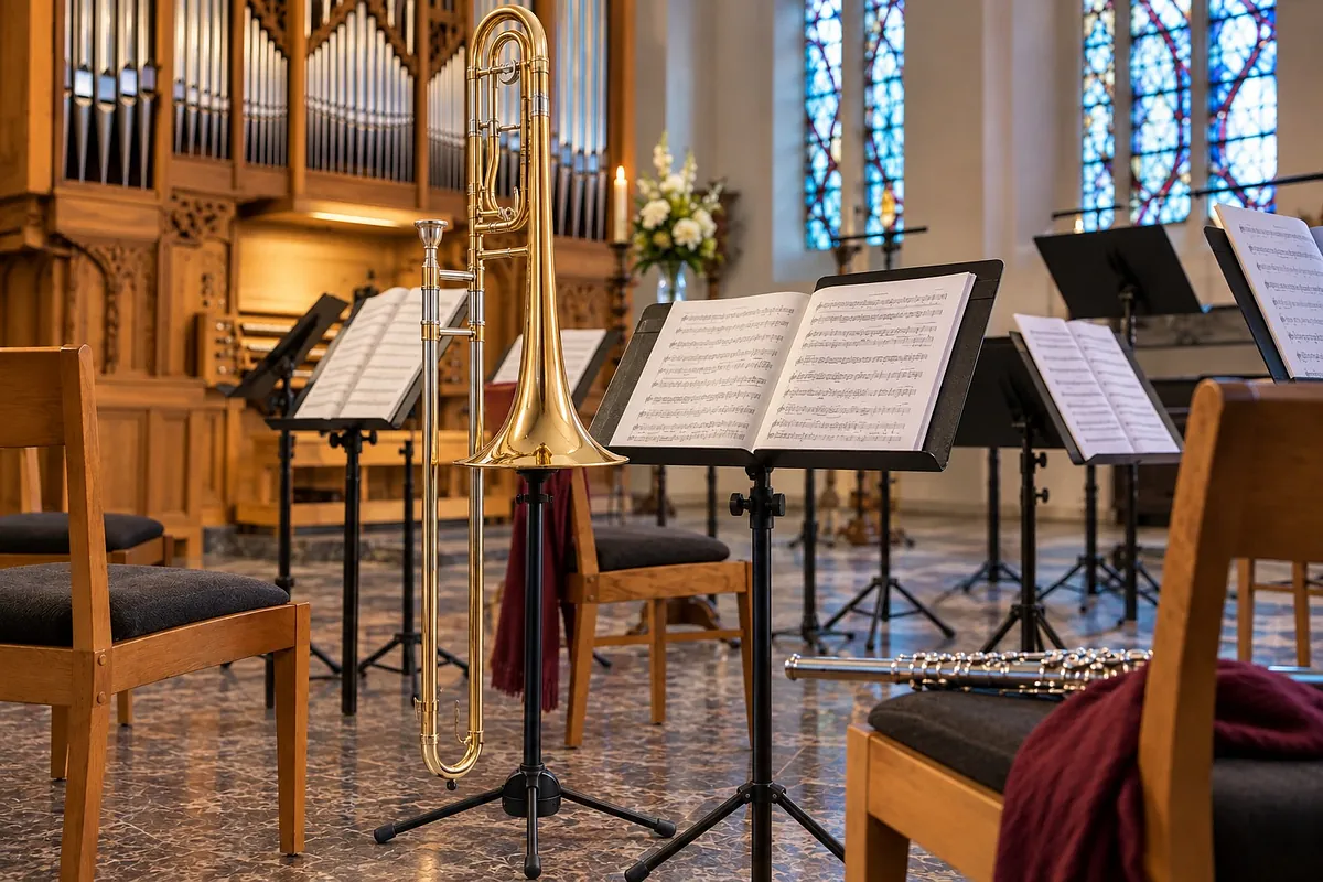 KI-generiertes Bild eines Kirchenraumes mit Musikinstrumenten